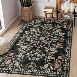 MUJOO 3x5 Rug Washable,Black Floral Area Rugs for Bedroom Bedside Entryway Living Room Kitchen,Floral Boho Small Indoor Floor Rug Non Slip Throw Carpet Low Pile Vintage MUJOO 3x5 Rug Washable,Black Floral Area Rugs for Bedroom Bedside Entryway Living Room Kitchen,Floral Boho Small Indoor Floor Rug Non Slip Throw Carpet Low Pile Vintage