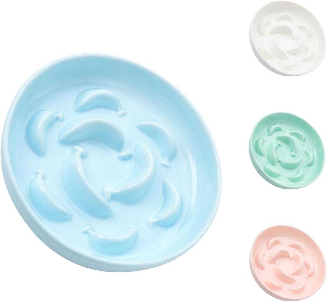 Ceramic Cat Slow Feeder Bowl - 6.3'' Wide Opening Whisker Friendly Cat Plate for Dry and Wet Food - Cute Maze Feeder Dish Helps Reduce Vomiting - Microwave and Dishwasher Safe - Blue