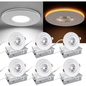 3 Inch LED Recessed Lights, Dimmable Gimbal Lights with Night Light, 360 Rotation, 8W+3W, Canless, ETL Certified, Perfect for Soffit, Kitchens, Hallways, and Indoor Use, White, 6 Pack