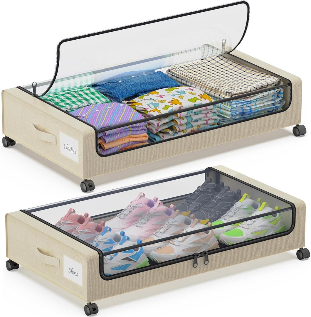 Under Bed Storage with Wheels, 2-Pack Under Bed Storage Containers with Clear Lids, XXL 60L Under the bed storage Organizer Bins, Rolling Under Bed Metal Drawer for Clothes,Shoes,Toys (White, 2 Pack)