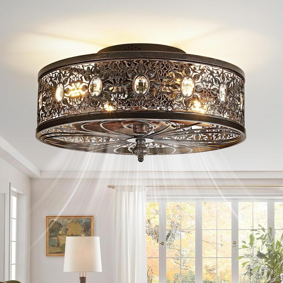 Caged Ceiling Fan with Light 18 Inch Small Low Profile Flush Mount Farmhouse Crystal Fandelier Vintage Victorian Rustic Ceiling Fan with Remote for Bedroom Living Room Kitchen