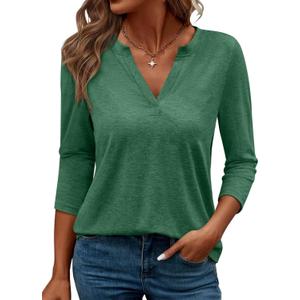 TICTICMIMI Women's V Neck 3/4 Sleeve T Shirts Casual Basic Summer Tees Shirts Loose Fit Tunic Tops (Green, M)