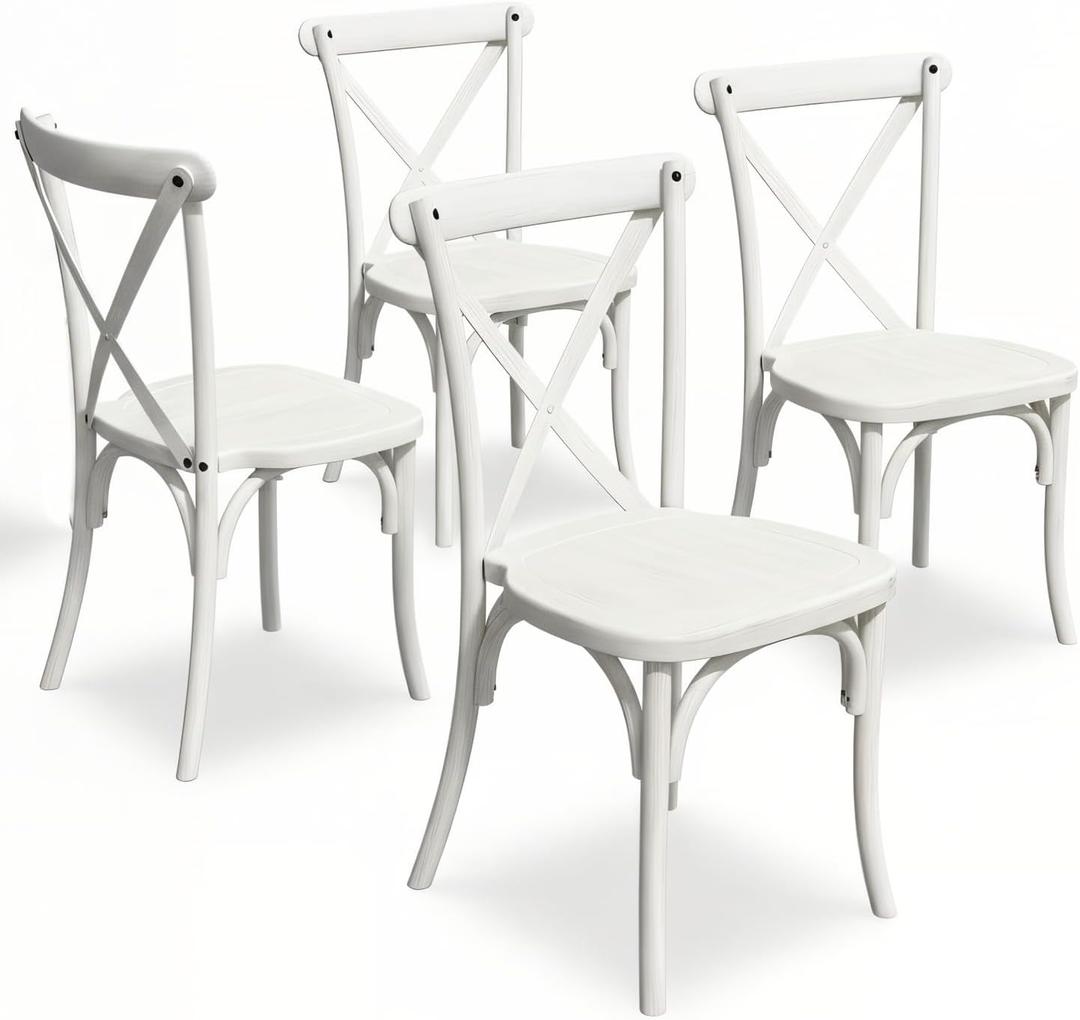 BTEXPERT Resin Indoor Outdoor Dining Chairs Set of 4 Stackable Patio Farmhouse Chairs with X-Back, Heavy-Duty Waterproof Distressed Kitchen Dining Chairs, 400 lb Capacity, Weathered Whitewashed
