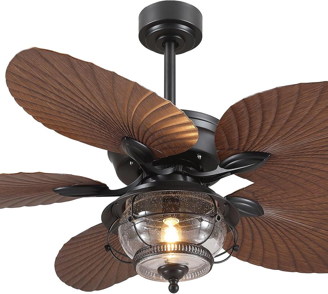 52 Inch Tropical Ceiling Fan with Light and Remote, Outdoor Waterproof Palm Leaf Ceiling Fan for Patios Porches Gazebos, Wet Rated, Glass Lampshade, 6 Speeds, Quiet, Brown, Bulb Included
