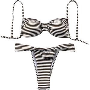 SOLY HUX Striped Bikini Sets for Women Ruched Spaghetti Strap Thong Bathing Suit Two Piece Swimsuit (Large)