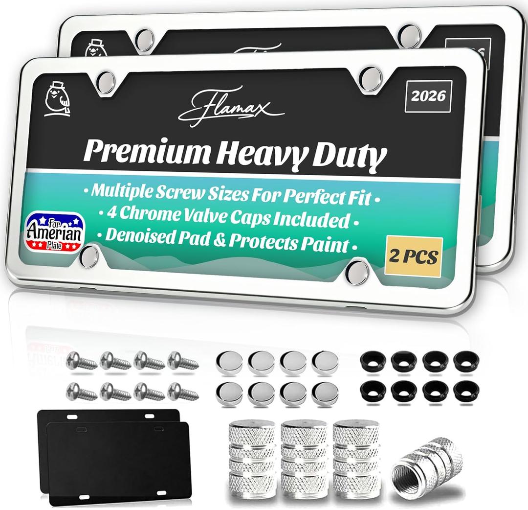 Premium Chrome License Plate Frames with 2 Anti-Scratch Pads & 4 Tire Valve Caps, Heavy Duty Rust-Free Chrome License Plate Frame 2 Pack for Women & Men, 2 Holes Universal Fit for Cars & Trucks
