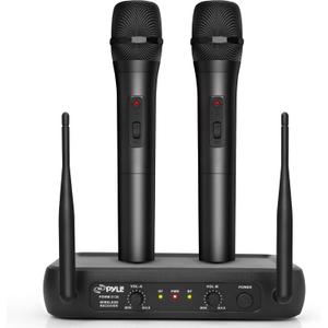 Pyle Channel Microphone System-VHF Fixed Dual Frequency Wireless Set with 2 Handheld Dynamic Transmitter Mics, Receiver Base-for PA, Karaoke, Dj Party (PDWM2135), Black