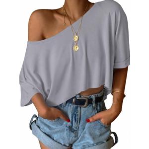 SOFIA'S CHOICE Women's Off Shoulder Crop Tops Loose Boat Neck Short Sleeve T Shirt Silver Gray (XL)