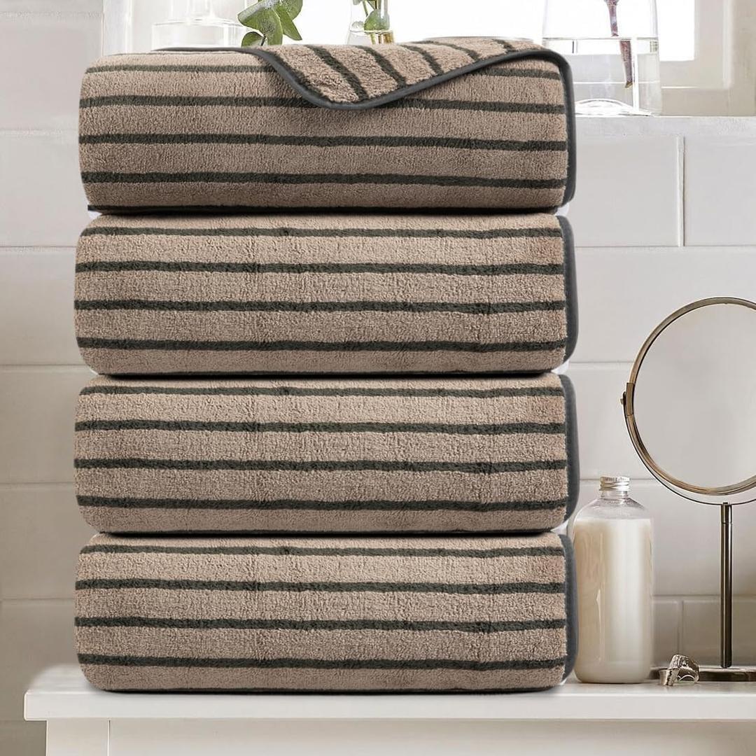 Oliven 4 Piece Brown Cabana Stripe Large Bath Towels Oversized Bath Sheet Super Soft Breathable Jumbo Bathroom Towels Highly Absorbent Shower Towel Quick Dry Beach Chair Towel Spa Gym Hotel Towel Set