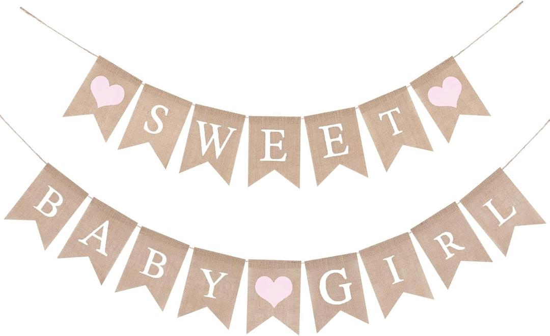 GCQQ Sweet Baby Girl Banner-Pink Baby Girls Burlap Baby Shower Banner Rustic Gender Reveal Banners for Pink BBQ Baby Shower Party Decoration, Pre-strung