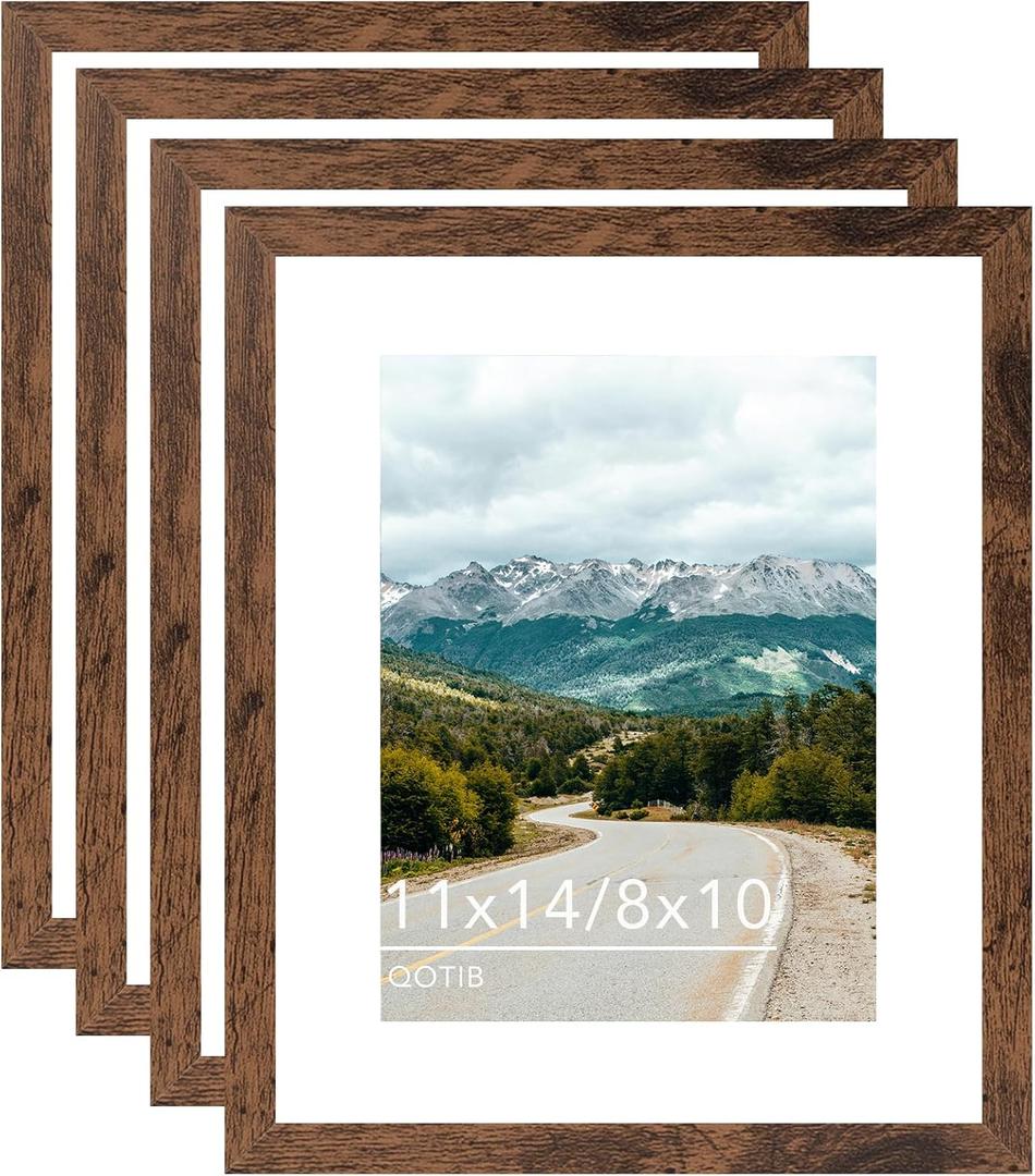 11x14 Picture Frame with 8x10 Mat Deep Brown, Display 8x10 with Mat or 11x14 Without Mat, Wood 11 by 14 Photo Frame, 11 x 14 Frame for Wall Hanging Display, Deep Brown, 4 Pack