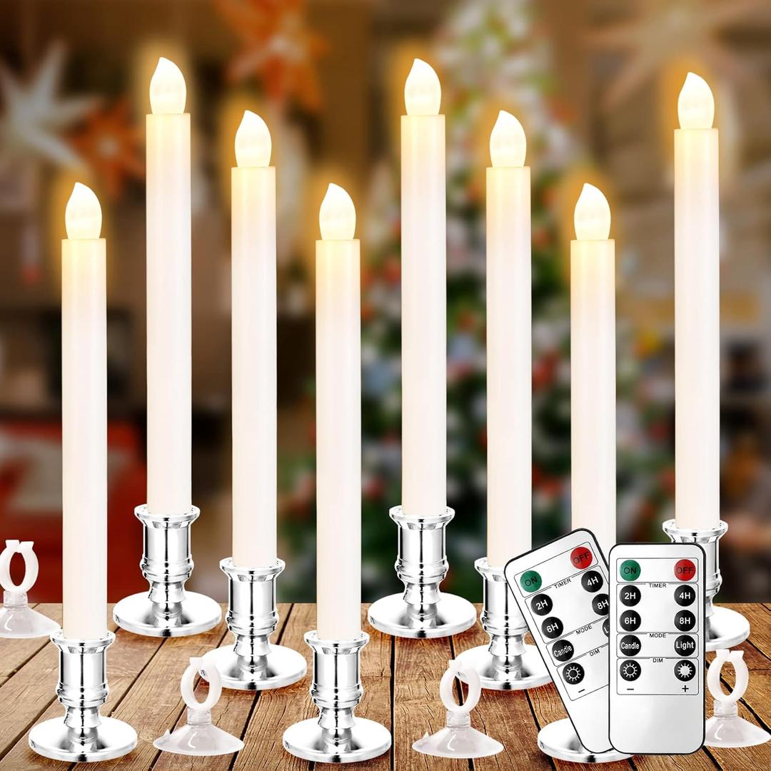 YAUNGEL Window Candles, 8 Pack LED Battery Operated Christmas Candles for Windows with Remote Electric Candle Lights with Removable Candle Holders Suction Cups for Christmas Decorations, Silver