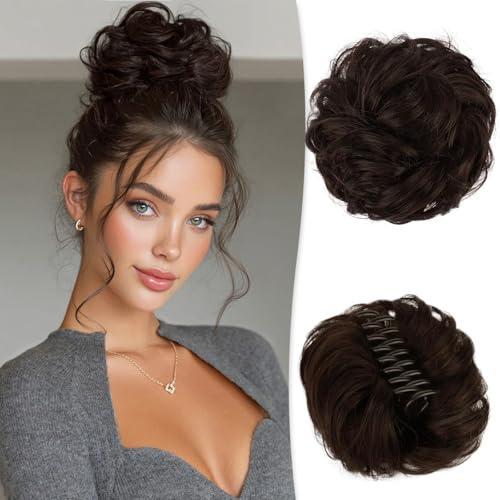 RUWISS Claw Clip Messy Bun Hair Piece 100% Real Human Hair Buns Wavy Curly Chignon Hair Bun Extensions Tousled Updo Hair Buns Claw Clip Ponytail Hairpieces(Dark Brown with 15% Dark Cocoa Blonde)
