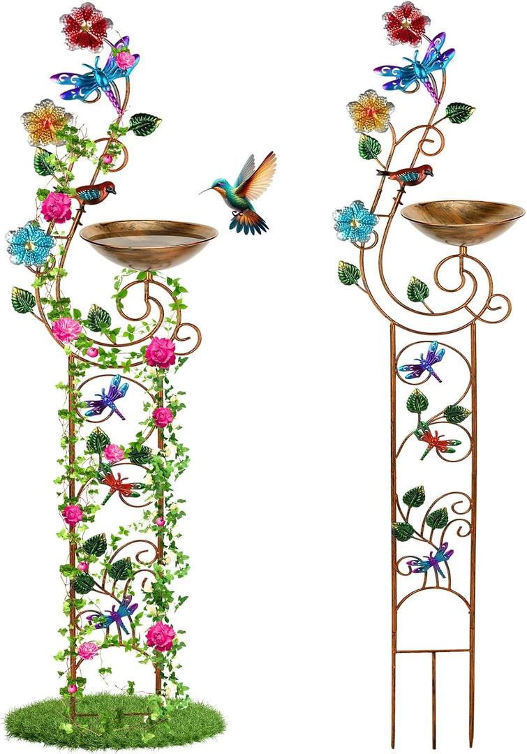 YADOOLIFE 57 Bird Bath with Garden Trellis for Climbing Plants Outdoor, Small Decorative Trellises Metal Birdbath Bird Baths, 1 Piece (Dragonfly)