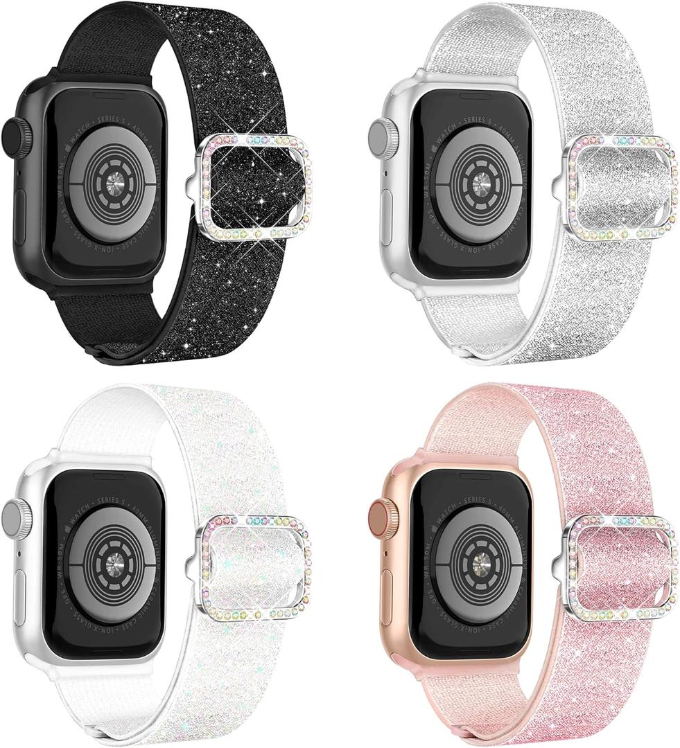 WIPALOR 4 Pack Sparkly Stretchy Nylon Band Fit Bling Apple Watch Bands for Women (42mm Series 11/10)41mm 40mm 38mm, Elastic Sport iWatch Bands for Cute Glitter iPhone Watch Series 11 10 SE 9 8 7 6 5 4 3 (Black/Silver/Pink/White)