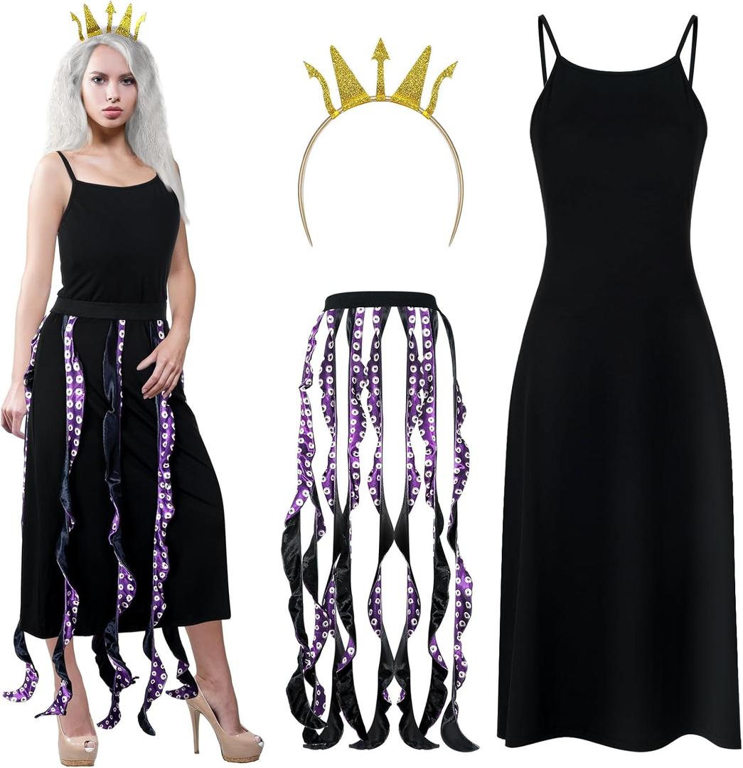 3 Pcs Women Octopus Costume Black Purple Octopus Dress Long Tentacles Gold Crown Undersea Witch for Halloween (Large)