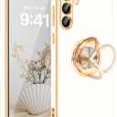 Fingic for Galaxy S25 Plus Case[with 360Rotatable Ring Holder][Support Magnetic Car Mount]Shiny Plating Gold Slim Thin Soft TPU Rugged Bumper Anti-scratch Case for Galaxy S25 Plus for Girls Boy,White