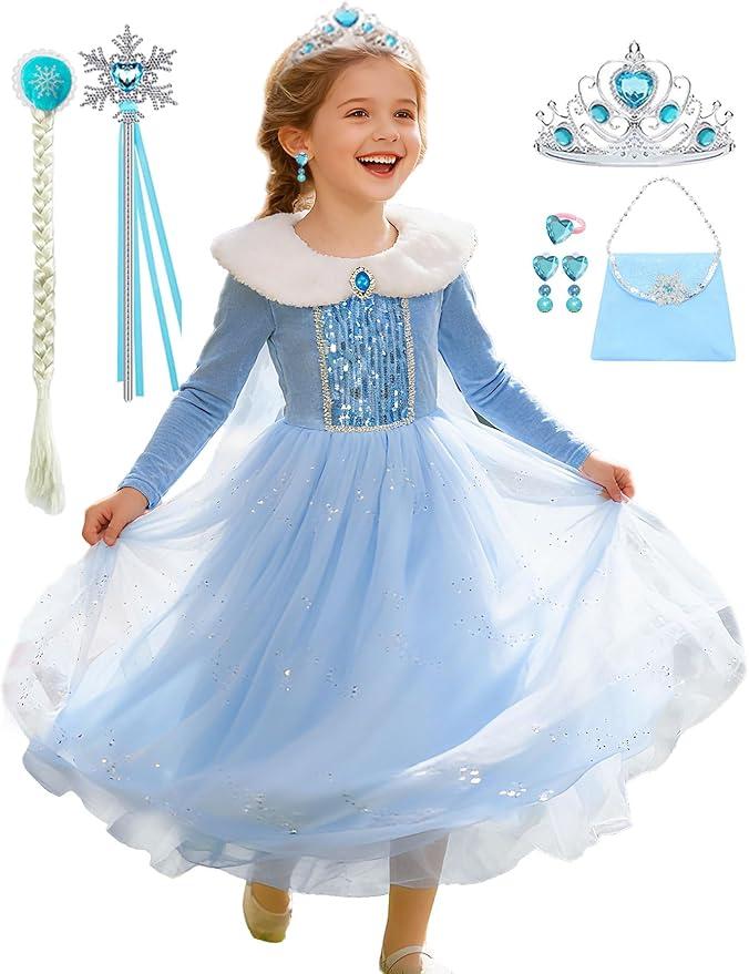 Princess Costume for Girls Snow Princess Dress Up Kids Winter Halloween Birthday Party Blue Outfits 3-4 yrs