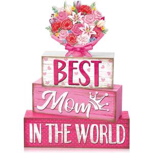 2 x Yousoontic 4 Pcs Mother's Day Wooden Table Decor, Best Mom in the World Tiered Blocks Sign Pink Floral Tabletop Home Decoration Gift for Mom, Rose Bouquet Shelf Centerpiece for Birthday Celebration