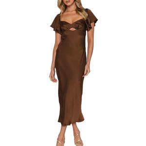 Summer Satin Flutter Sleeve Wedding Guest Dresses for Women Sweetheart Neckline Cutout Tie Back Midi Cocktail Dress, Medium 