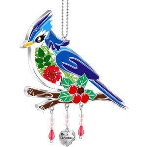 KY&BOSAM Blue Bird Suncatcher Merry Christmas Stained Glass Panel Suncathers for Windows Wind Chime Hanging Ornament with Pressed Flower and Metal Heart Charm Birthday Gift for Women Christmas Decor
