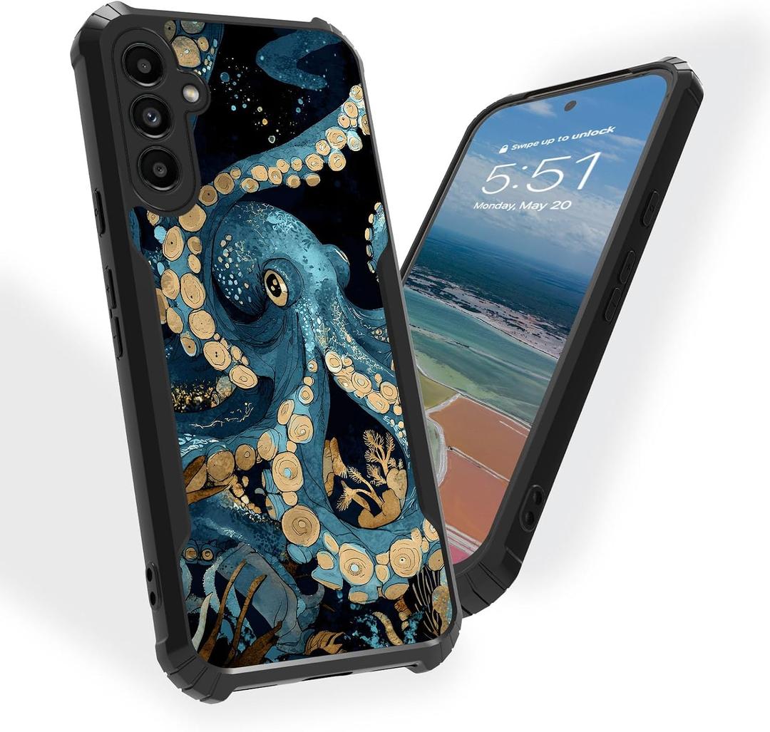 for Samsung Galaxy S25 Acrylic Case, Acrylic Rugged Back, Air Guard Corners All Around Protection, Lens Coverage Protective for Galaxy S25 Case, Blue Octopus