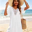 Supnier Women's Bathing Suit Cover Up Dress Lace Crochet V Neck Summer Beach Bikini Swimsuit Coverup White Medium