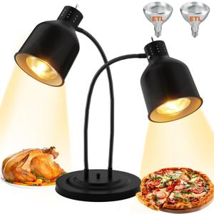 PYY Food Heat Lamp - 500W Dual Head Commercial Heat Lamp for Food Heating Food Warmer Heater Portable Electric Warming Lights for Food Service Restaurant Buffet Kitchen with ETL Bulb, Black (Double-Head plus)