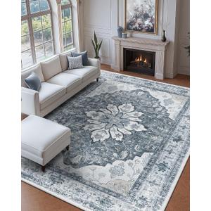 RELEANY Area Rugs 9'x12' Washable Non-Slip, Floral Vintage Distress Print Pattern Medallion Carpet for Living Room Bedroom Dining Room, Light Gray Grey White