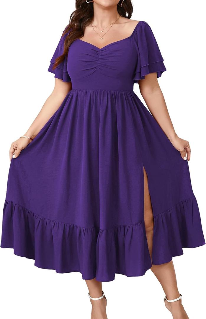 SCOMCHIC Womens Plus Size Wedding Guest Cocktail Dresses Sweetheart Neckline Short Sleeve Smocked Ruffle Slit Maxi Dress (Purple, XXXL)