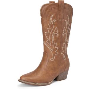 DREAM PAIRS Women's Cowboy Cowgirl Boots Embroidered Pointed Toe Low Heel Western Mid Calf Boot for Theme Party Country Concert (8.5, Brown)