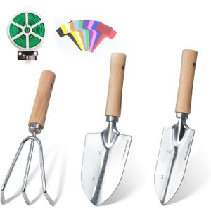 Garden Tool Set, 3 Pieces Gardening Kit with Garden Plant Twist Tie and Plastic Plant Tag, Stainless Steel Heavy Duty Garden Tools with Wooden Handle, Gardening Gifts for Women