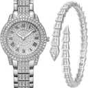 Watch for Women Interior Full Diamond Bling Rhinestone Iced Out Quartz Crystal Stainless Steel Ladies Wrist Watch (Aa. Silver)