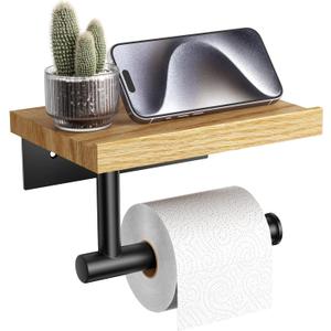 Tindbea Toilet Paper Holder with Wood Shelf, Wooden Wall Mount Tissue Roll Holder, Matte Black Stainless Steel Bathroom Accessories Decor for Household Home Apartment Restroom Essential (Red Oak)