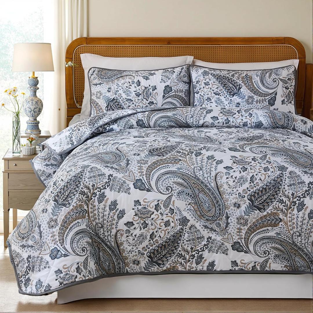 100% Cotton Quilt Sets Queen Grey Paisley Bedding Sets 3 Pcs Reversible Coverlet Bedspread Paisley Floral Bedspread for All Season, Lightweight, Ultra Soft