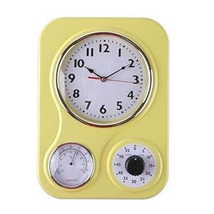 Lily's Home (9.5 Inch x 13.3 Inch Retro Kitchen Wall Clock, Vintage Wall Clock with a Thermometer and 60-Minute Timer, Ideal for Any Kitchen, Office, or Diner (Yellow)