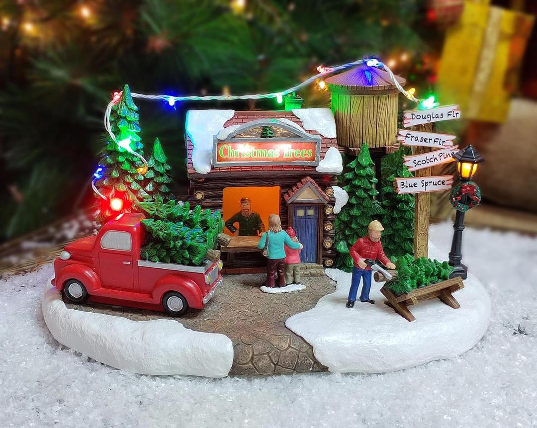 MOMENTS IN TIME Christmas Village Tree Lot Scene 6.7H Hand-Painted Polyresin with LED Lights Music Battery Operated Holiday Decor Collectible