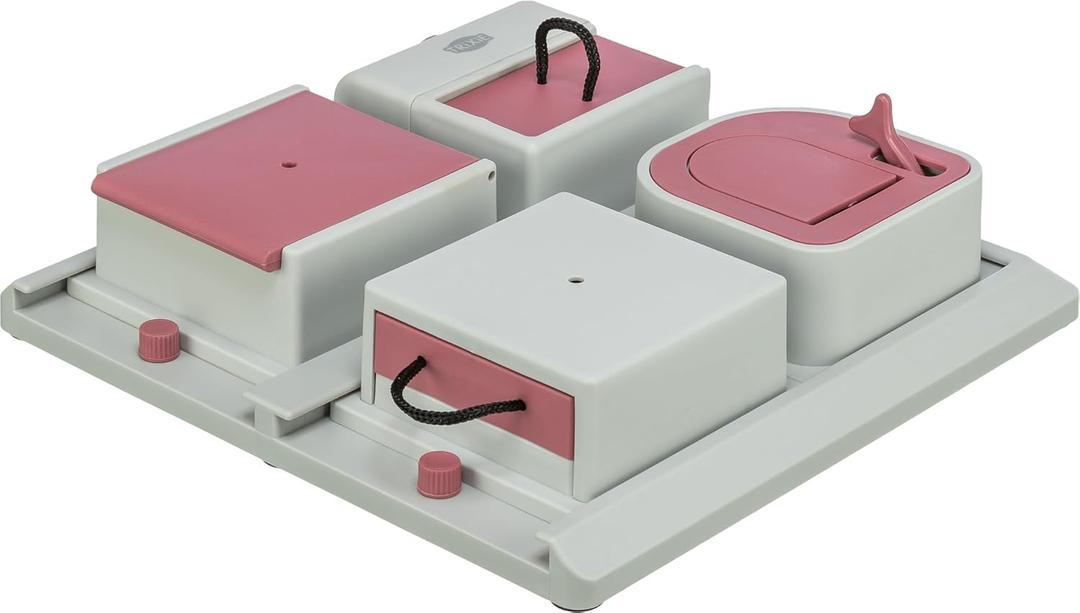 TRIXIE Cat Activity Poker Box Strategy Game  Interactive Puzzle Toy with 4 Modules  Treat Puzzle Feeder for Mental Stimulation & Slow Feeding  Pink/Gray, 12.2 x 12.2 x 2.5 in