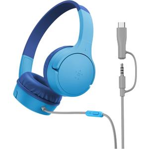 Belkin SoundForm Mini Kids Wired Headphones w/USB C to 3.5mm Dongle, Built-in Mic & Fun Stickers, 85dB Max Volume for Online Learning, Travel, Compatible w/iPhone 16, iPad, Galaxy S25, etc - Blue