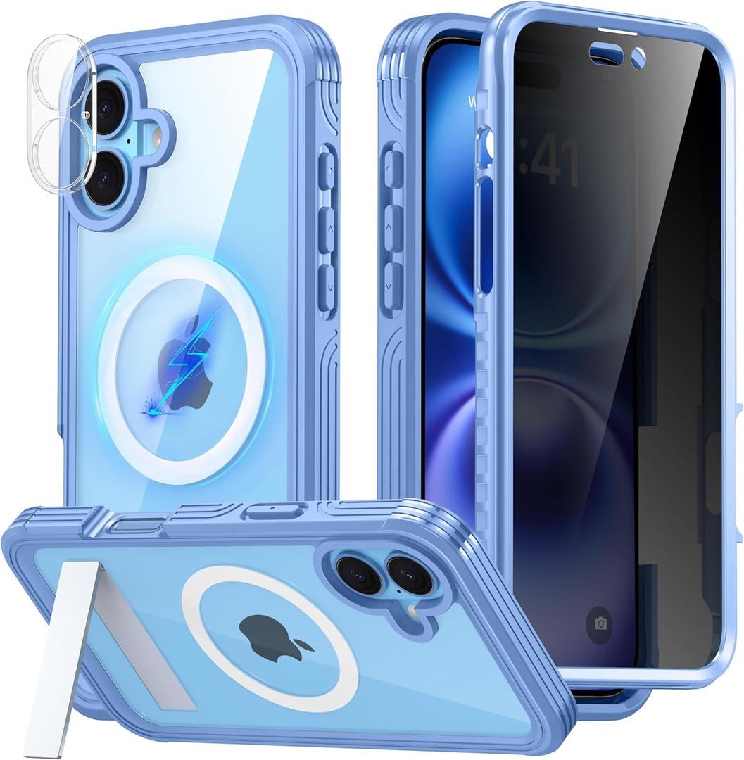 360 Protection Magnetic for iPhone 16 Case Built-in 9H Privacy Screen Protector & Metal Stand[Fit for Magsafe][Anti-Spy][Lens Protector] Heavy Duty Shockproof Phone Case for iPhone 16(Blue)