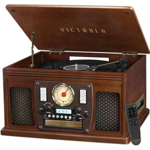 Victrola Navigator 8-in-1 Bluetooth Record Player with Built-in Speakers 3 Speed Turntable, CD Player, Cassette, FM Radio, USB, RCA Out, Headphone Jack, Wireless Music Streaming, Real Wood (Espresso)