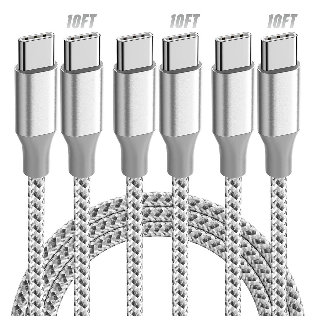 KYEHD USB C Cable3 Pack 10FT 60W Fast Charging USB C to USB C Cable, Durable Type C Charger Cable for iPhone 17/16/15/iPad MacBook CarPlay and More-Grey White