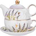 Tea for One Set, Teapot and Cup Set, Lavender | Gold Trim Tea Set for One, Floral Teapots Gift for Women