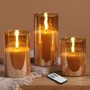 Eywamage Gold Glass Flameless Pillar Candles with Remote, Flickering Christmas LED Candles Battery Operated Set of 3
