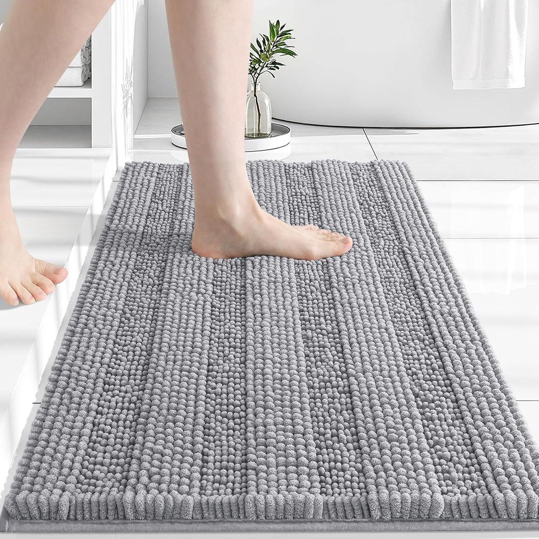 Grandaily Chenille Striped Bathroom Rugs 30x20, Extra Thick and Absorbent Bath Mats, Non-Slip Soft Plush Shaggy Shower Carpet, Machine Wash Dry, Bath Rug for Bathroom, (Medium, Light Grey)