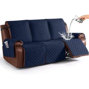 KinCam Waterproof Recliner Sofa Cover, NonSlip Reclining Couch Covers for 3 Seat, Recliner Couch Cover Furniture Protector with Elastic Straps for Pets, Kids, Blue, 30"D x 93"W x 38"H