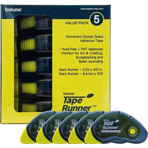 Tape Runner - Double Sided Adhesive with Dispenser Roller Included - Acid Free, Sticky, Clear & Transparent - Ideal for Scrapbooking, Crafts & More - Boomerang (417 inches per cartridge), 5 Cartridges