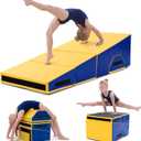 MABOZOO Folding Gymnastics Incline Mat, High Density Foam Cheese Wedge Mat for Kids Tumbling & Home Gym, Non-Slip Folding Skill Trainer for Gymnastics, Stretching, Martial Arts (Yellow & Blue)