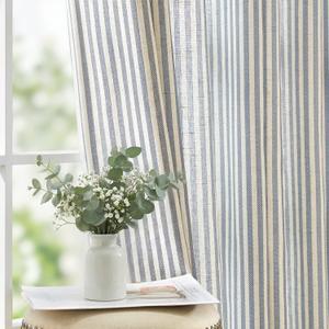 jinchan Linen Curtains for Living Room Blue on Beige Striped Curtains for Bedroom Ticking Stripe Pattern Light Filtering Farmhouse Cottage Core Rustic Grommet Window Treatment 96 inches Long 2 Panels