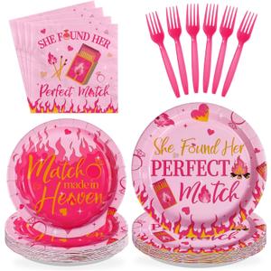 96Pcs Perfect Match Bachelorette Party Supplies She Found Her Perfect Match Plates and Napkins Hot Pink Matches Tableware Set for Bridal Shower Bachelorette Engagement Party Decor Serves 24